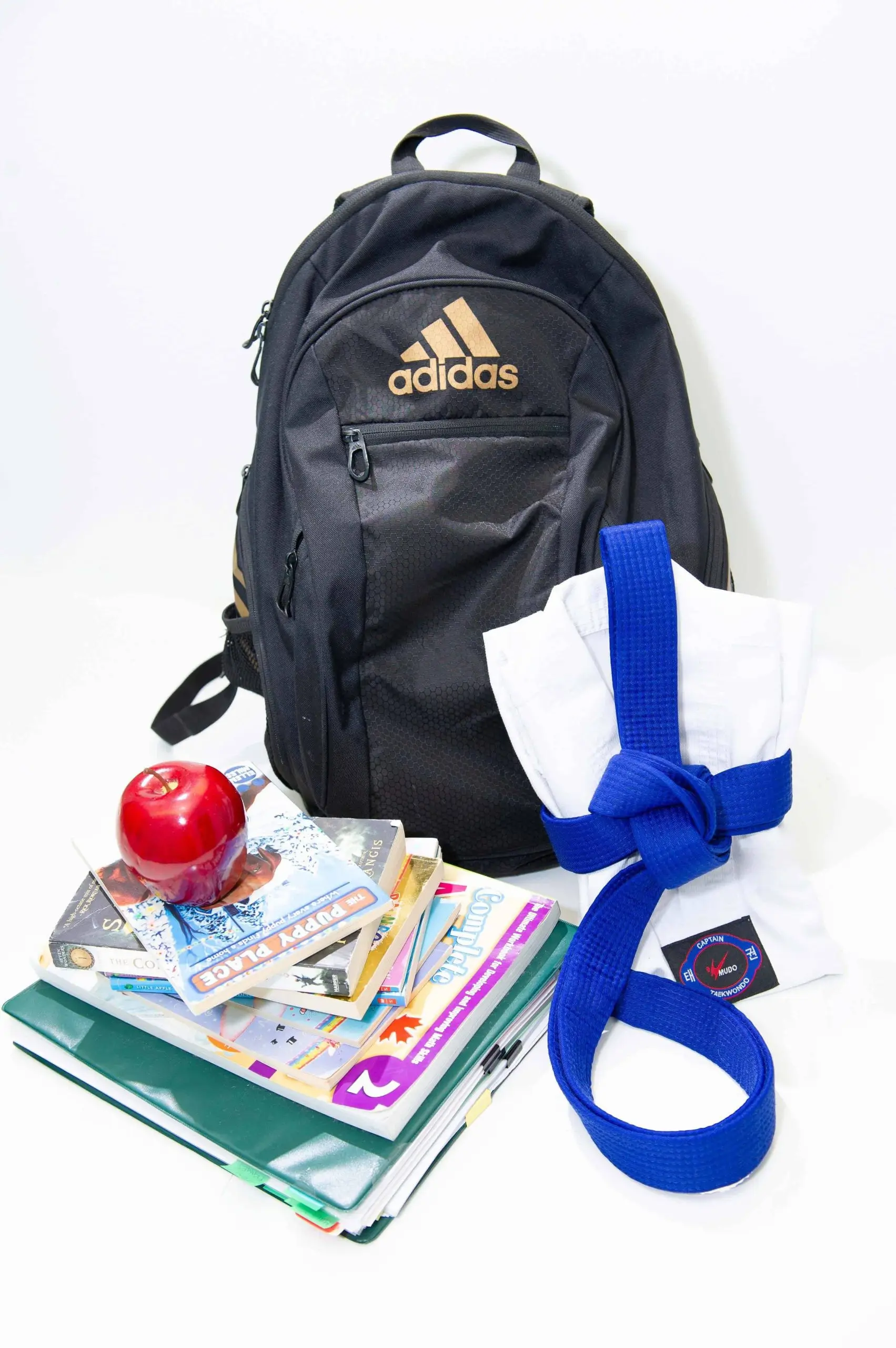 A school backpack, books, an apple and a folded uniform with a blue belt