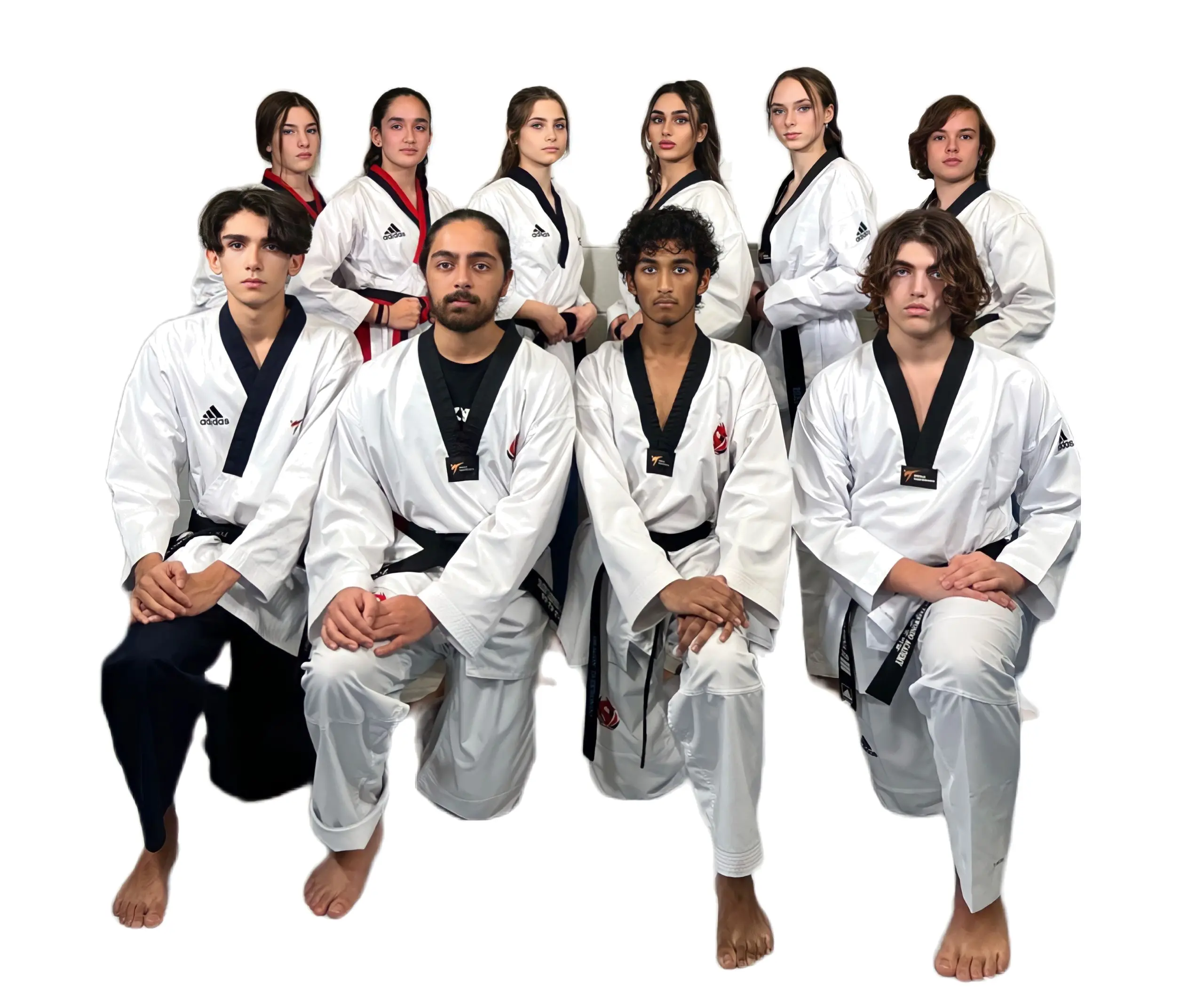 Dragon Taekwondo black belts, teens and adults, in a team photo