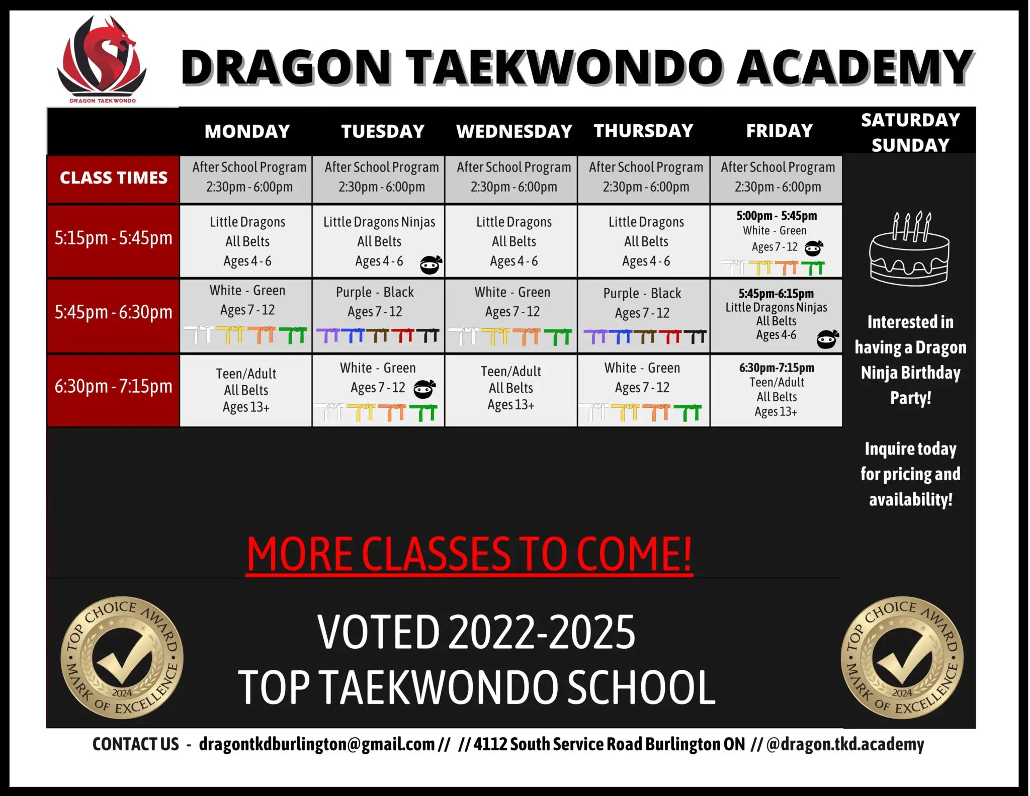Dragon Taekwondo Burlington class schedule, as of April 2026