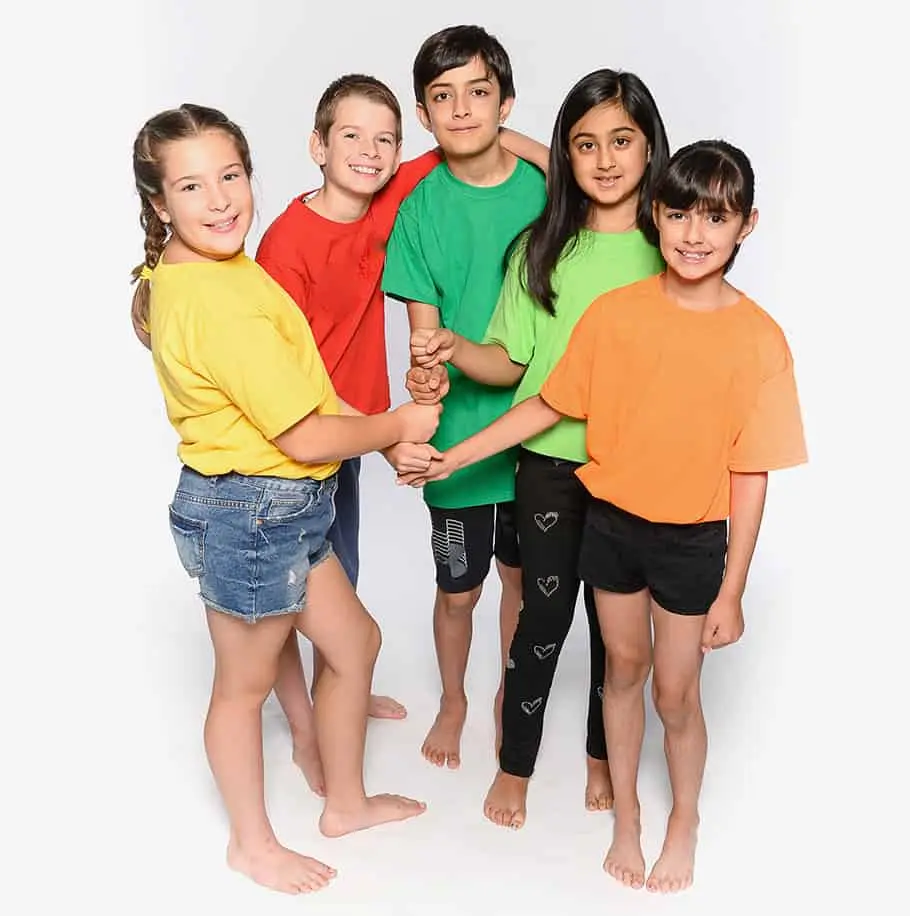 Five kids in bright camp T-shirts holding hands