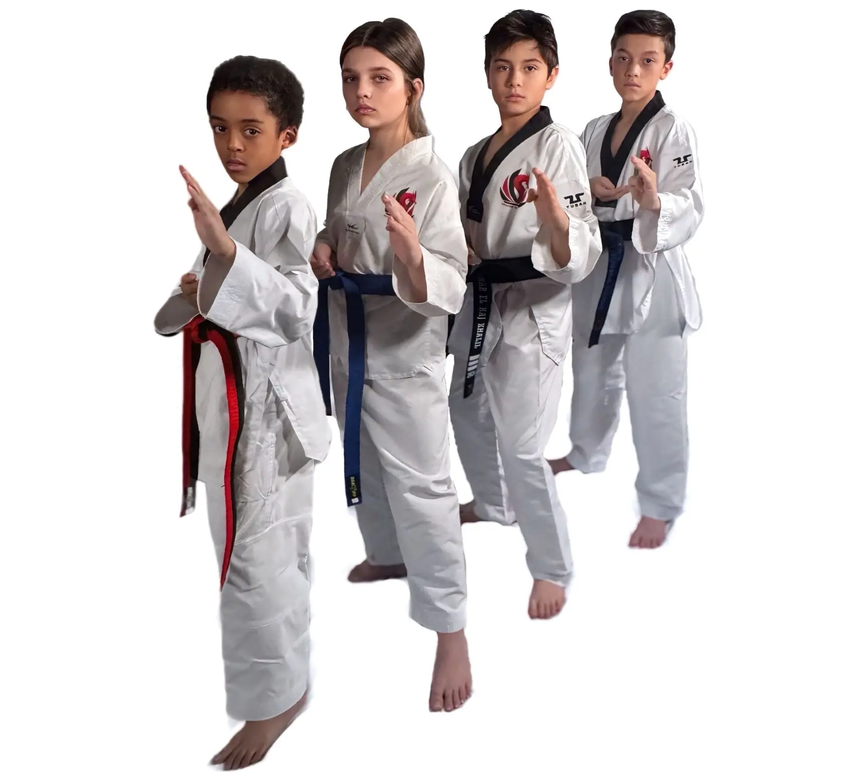 Four Dragon Taekwondo students in a ready stance