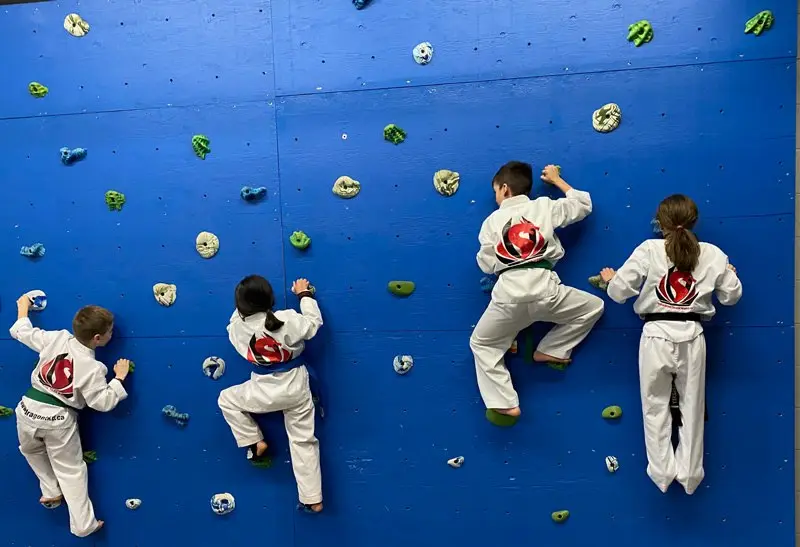 Four Dragon Taekwondo students in uniform climbing a rock wall