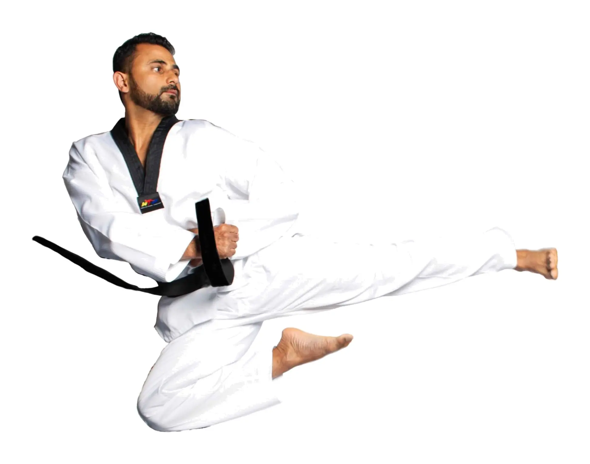 Master Shakeel Chaudhry performing a flying side kick