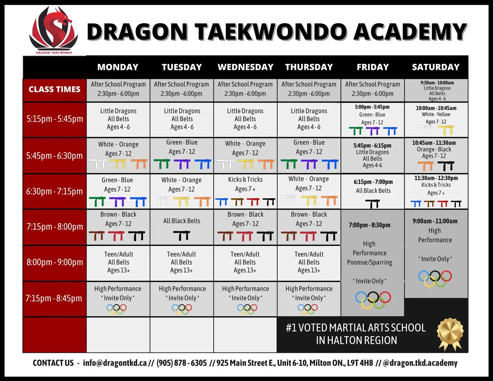 Dragon Taekwondo Milton class schedule, as of June 2026