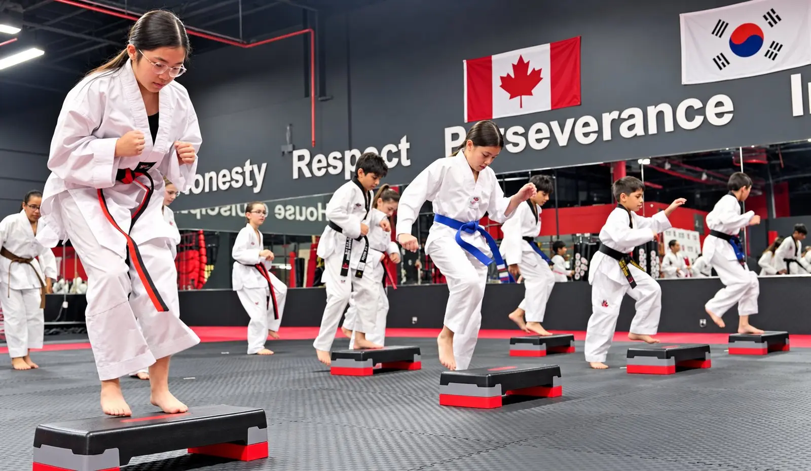 Dragon Taekwondo students doing a step drill in class under the Integrity, Honesty, Respect and Perseverance wall
