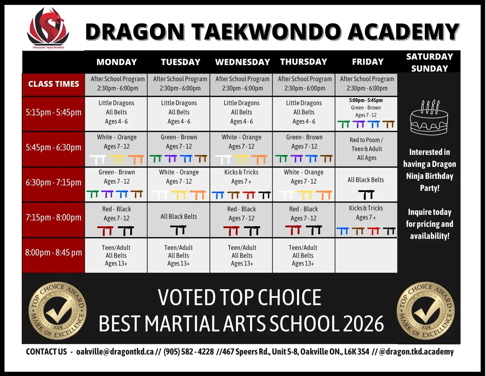 Dragon Taekwondo Oakville class schedule, as of June 2026