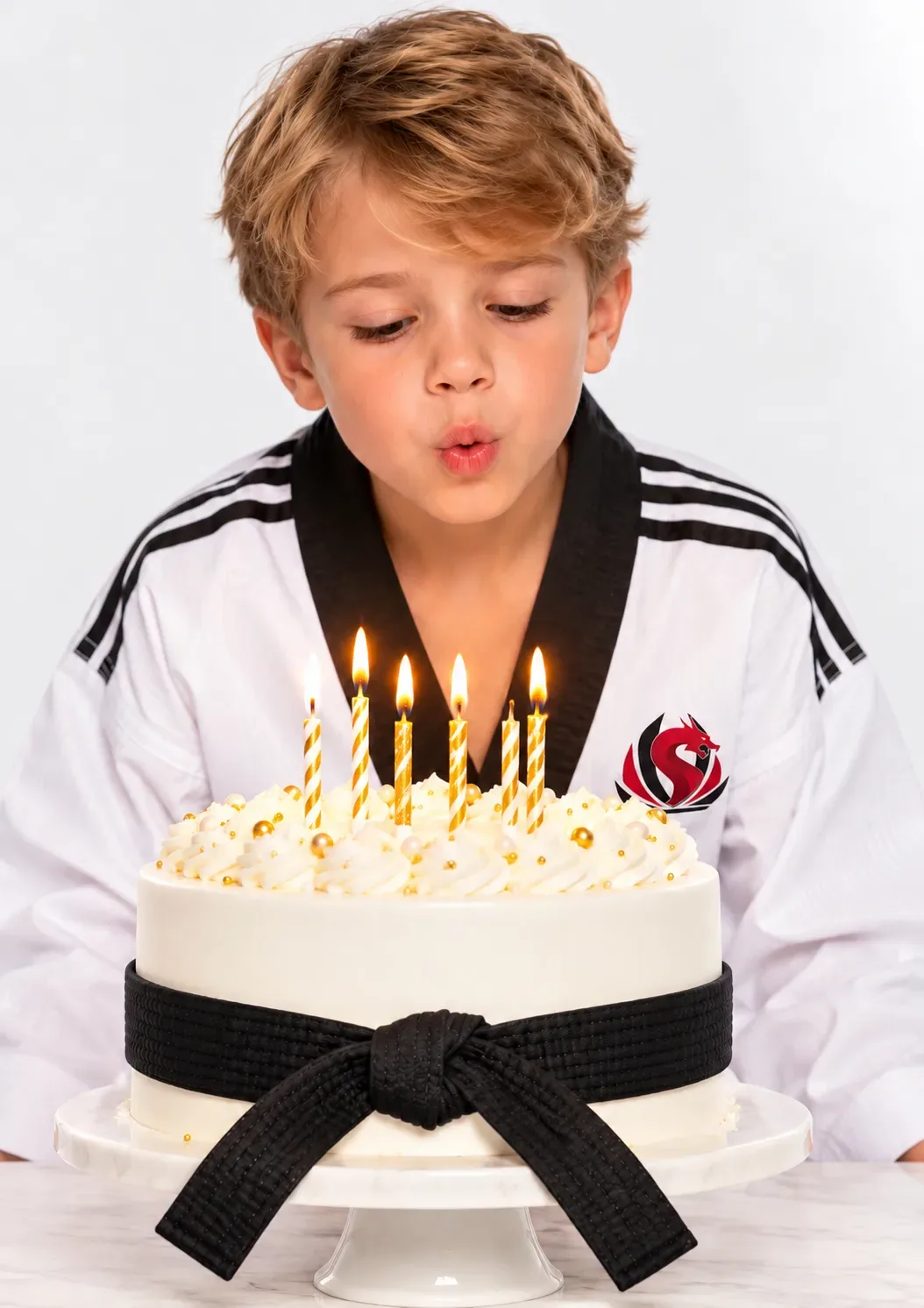 A boy in a taekwondo uniform blowing out the candles on a birthday cake tied with a black belt