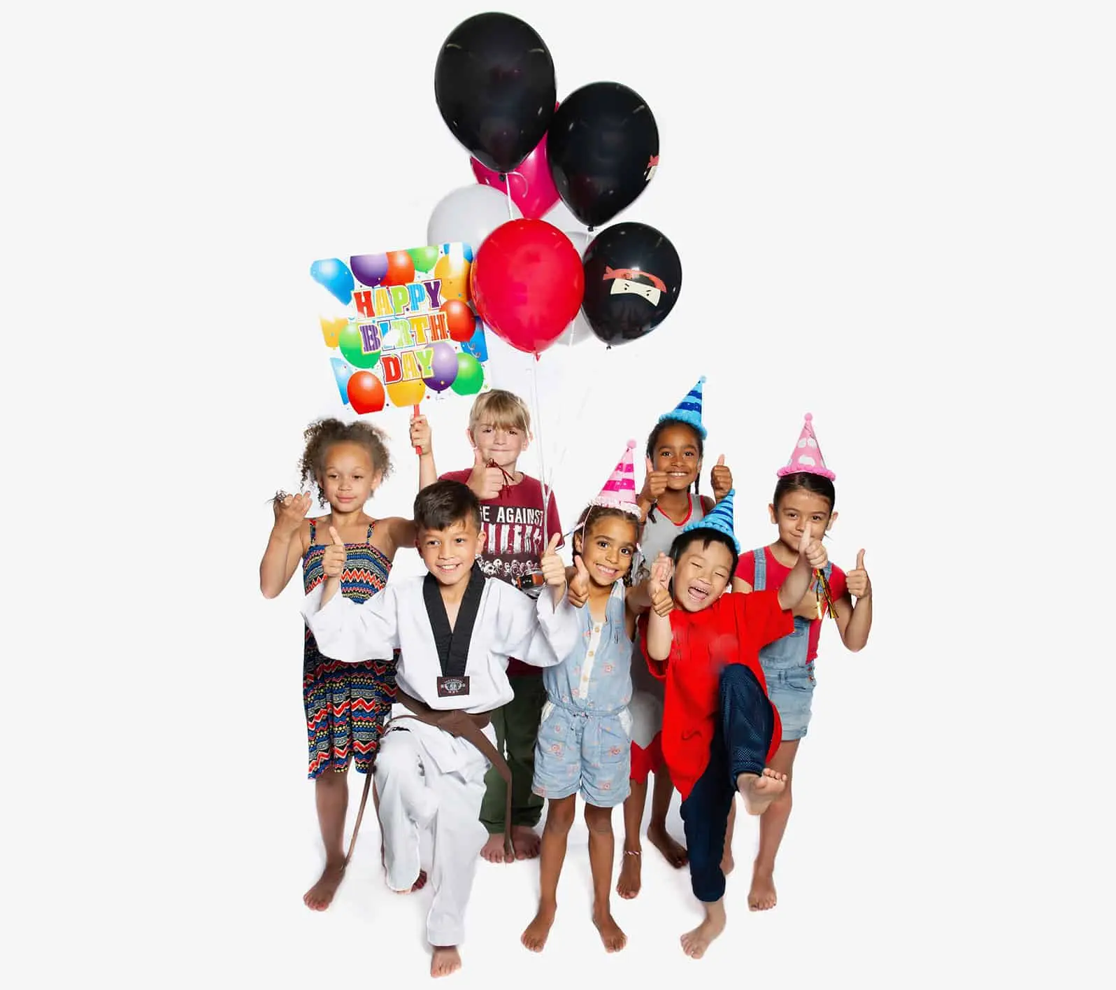 Kids in party hats giving a thumbs up under a bunch of balloons and a Happy Birthday sign