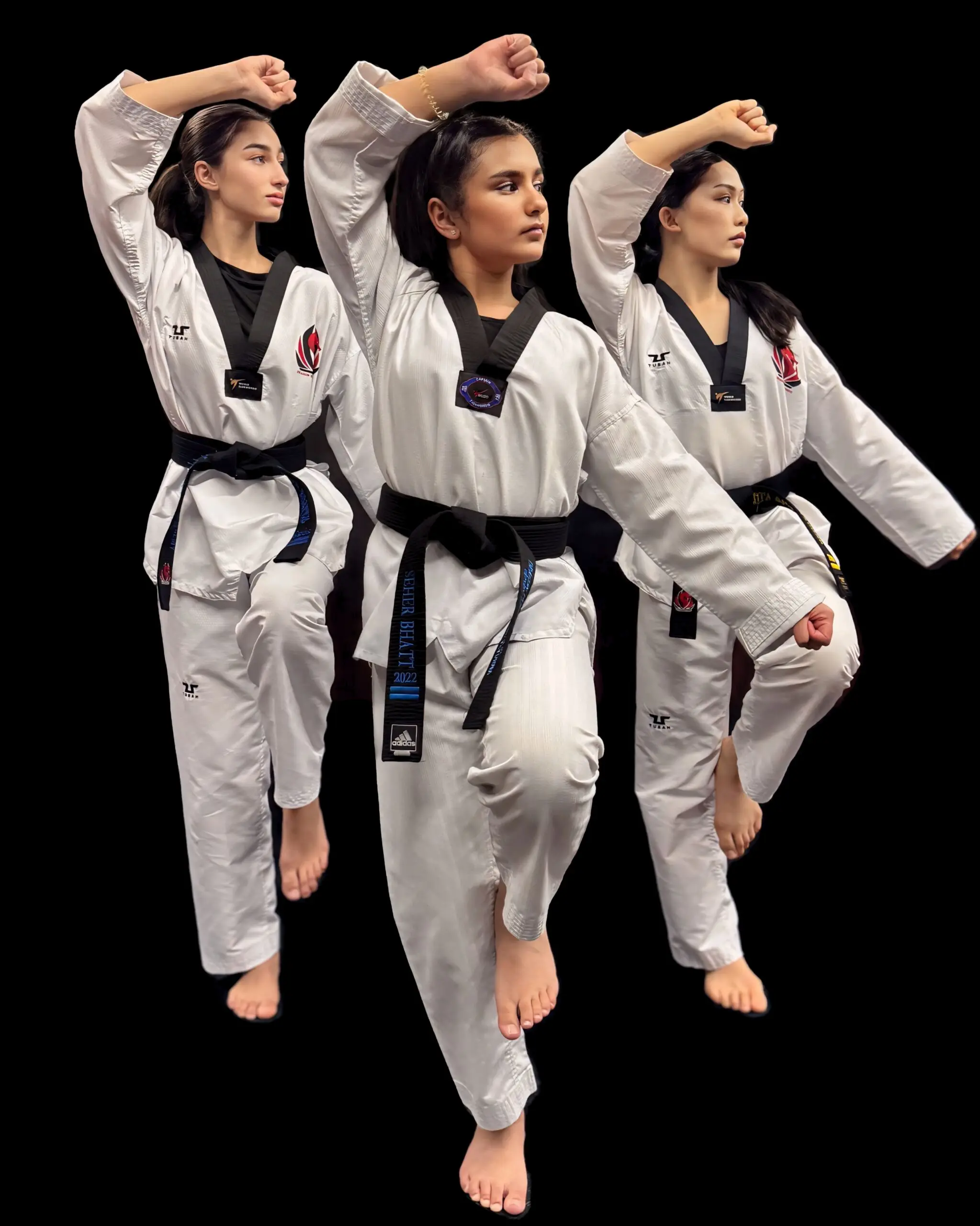 Three Dragon Taekwondo students performing a pattern in unison