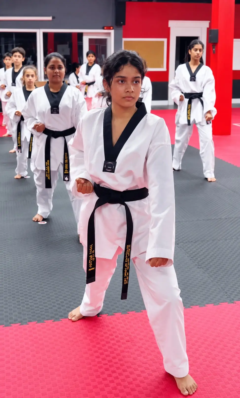 Dragon Taekwondo black belts in a line on the mat, in fighting stance