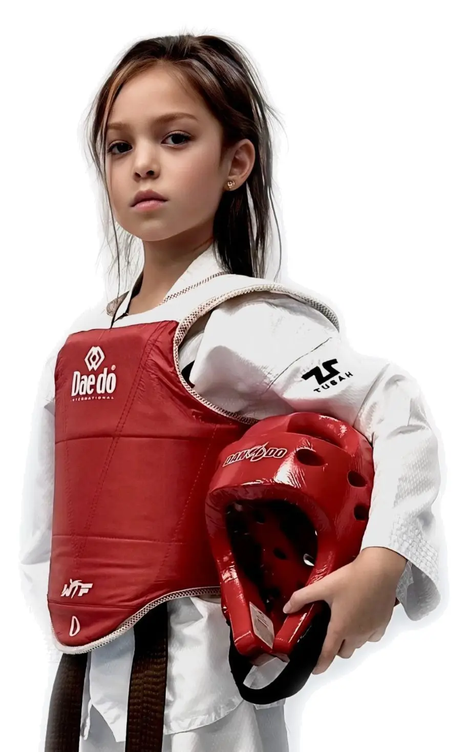 A student in a red chest protector holding a sparring helmet