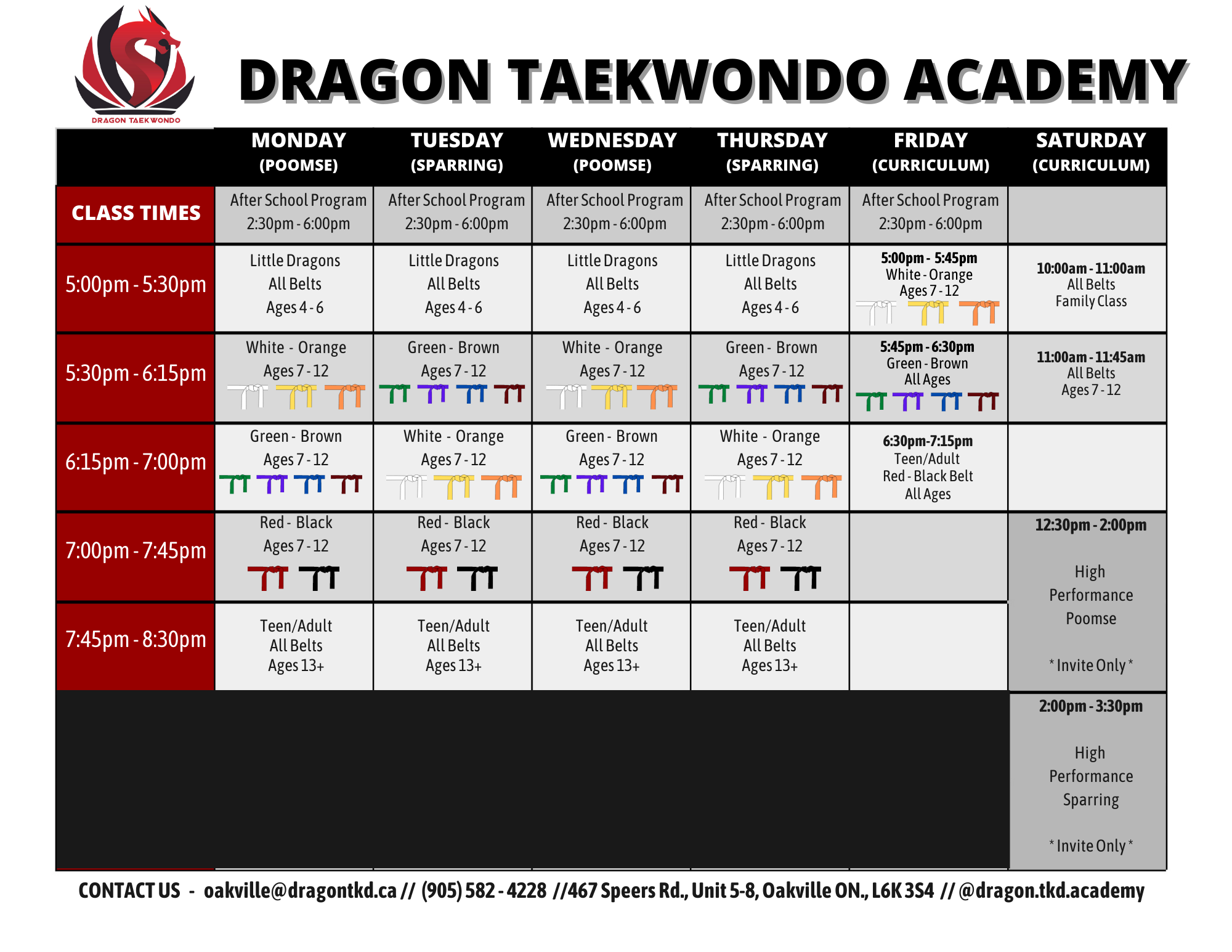 Dragon Taekwondo New Schedule